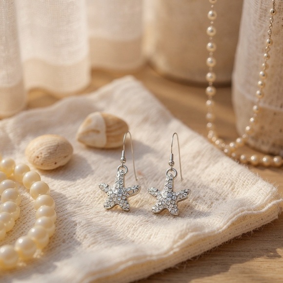 Sterling Silver Crystal Starfish Earrings - Picture 2 of 3